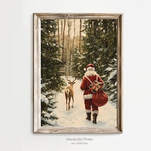 Santa and his Reindeer | Oil painting | Digital wall art | Printable wall art | Digital download
