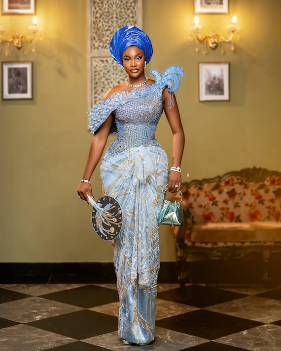 nigerian corset dress Beaded Asoebi Dress: African Wedding Faux Wrapper Gown Made To Order Sizes:AU S/8 Outdoor Changing Room Pop black dress shoe Blue lace The bodice on this