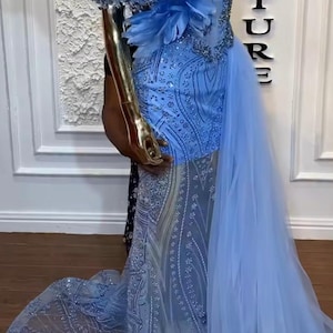 open lace back dress Cold Shoulder Light Blue Lace Corset Long Prom Dress with Feathers –  FancyVestido main image 0