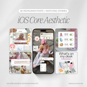 Puede incluir: Una maqueta de producto digital que presenta seis plantillas de publicaciones de Instagram con una estética rosa y blanca. Las plantillas incluyen imágenes de una persona, un teléfono y una configuración de escritorio. El texto en la imagen incluye "30 publicaciones de Instagram + Historias a juego" y "iOS Core Aesthetic".