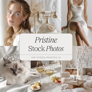 May include: A collage of images featuring a woman, a vintage telephone, a white dress, a cat wearing a crown, wine glasses, and a cozy living room. The text "Pristine Stock Photos" is displayed.