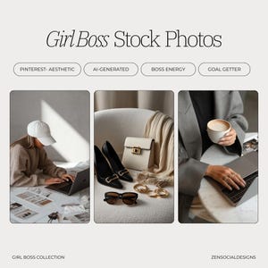 May include: Aesthetic stock photos with the text "Girl Boss Stock Photos". The image features a woman working on a laptop, a handbag, sunglasses, high heels, and gold bracelets. The image also includes the text "Girl Boss Collection" and "ZENSOCIALDESIGNS".