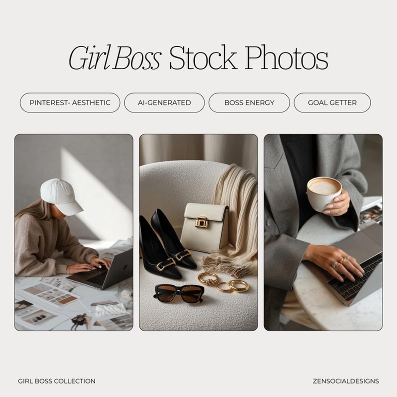 May include: Aesthetic stock photos with the text "Girl Boss Stock Photos". The image features a woman working on a laptop, a handbag, sunglasses, high heels, and gold bracelets. The image also includes the text "Girl Boss Collection" and "ZENSOCIALDESIGNS".