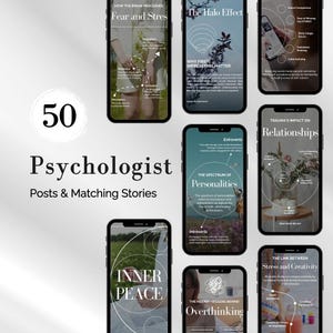 Könnte beinhalten: Eine Collage aus neun Telefonbildschirmen mit verschiedenen psychologischen Themen, darunter "Wie das Gehirn Angst und Stress verarbeitet", "Der Halo-Effekt", "Das Spektrum der Persönlichkeiten", "Der Einfluss von Trauma auf Beziehungen", "Der Zusammenhang zwischen Stress und Kreativität", "Innerer Frieden", "Die verborgenen Auslöser von Grübeln", "Warum der erste Eindruck zählt", und "Sozialer Vergleich".