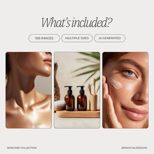 May include: An image with the text "What's included?" and three smaller images. The smaller images show a person's face and shoulders, two brown pump bottles, and a person applying cream to their face. The text "SKINCARE COLLECTION" is at the bottom.