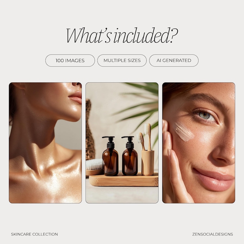 May include: An image with the text "What's included?" and three smaller images. The smaller images show a person's face and shoulders, two brown pump bottles, and a person applying cream to their face. The text "SKINCARE COLLECTION" is at the bottom.