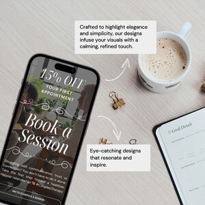 May include: A smartphone screen displaying a graphic for couples therapy with the text "Book a Session" and "15% off your first appointment". The graphic features a couple sitting on a couch. The phone is on a wooden surface with a cup of coffee, a notebook, and gold binder clips.