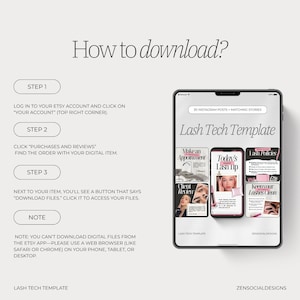 May include: A digital download guide titled "How to download?" with instructions on how to download files from Etsy. The image includes a tablet displaying a "Lash Tech Template" with Instagram post examples.