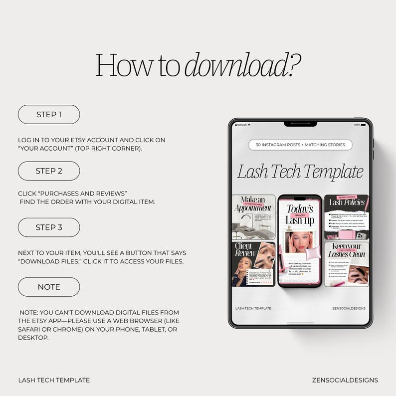 May include: A digital download guide titled "How to download?" with instructions on how to download files from Etsy. The image includes a tablet displaying a "Lash Tech Template" with Instagram post examples.