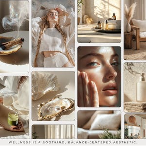 May include: A collage of images showcasing a wellness aesthetic. The images include a woman in a white sweater, a seashell, a candle, a bottle of essential oil, and a person's face with glowing skin.