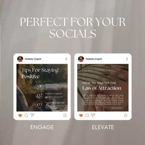 May include: Two Instagram post mockups with a light brown background. The left post features a woman sitting on a bench with a cup of coffee. The text reads "Tips for Staying Positive" with three tips listed: "Pursue Hobbies", "Practice Gratitude", and "Use Positive Self Talk". The right post features a woman meditating with a green leafy background. The text reads "How to Master the Law of Attraction". The text below the posts reads "Engage" and "Elevate".