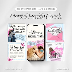 Op de afbeelding: Een digitale marketingtemplate voor een mental health coach, met Instagram-berichten en -verhalen. Het ontwerp bevat pastelkleuren, illustraties en tekstoverlays met zinnen als "Selfcare & mental health" en "Setting realistic goals".