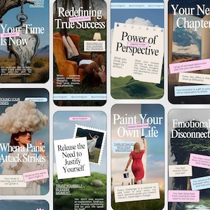 Puede incluir: Una colecci&oacute;n de plantillas de historias de Instagram con temas motivacionales y de autoayuda. Los dise&ntilde;os presentan superposiciones de texto con frases como "Your Time Is Now", "Redefiniendo el verdadero &eacute;xito" y "Power of Perspective".
