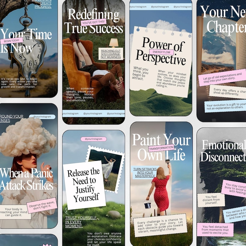 Puede incluir: Una colecci&oacute;n de plantillas de historias de Instagram con temas motivacionales y de autoayuda. Los dise&ntilde;os presentan superposiciones de texto con frases como "Your Time Is Now", "Redefiniendo el verdadero &eacute;xito" y "Power of Perspective".