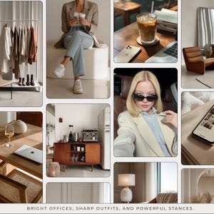 May include: A collage of images featuring fashion and lifestyle elements. Includes a clothing rack with neutral-toned garments, a person in a blazer and jeans, a coffee drink, a laptop, and a stylish interior with furniture. The text at the bottom reads: BRIGHT OFFICES, SHARP OUTFITS, AND POWERFUL STANCES.