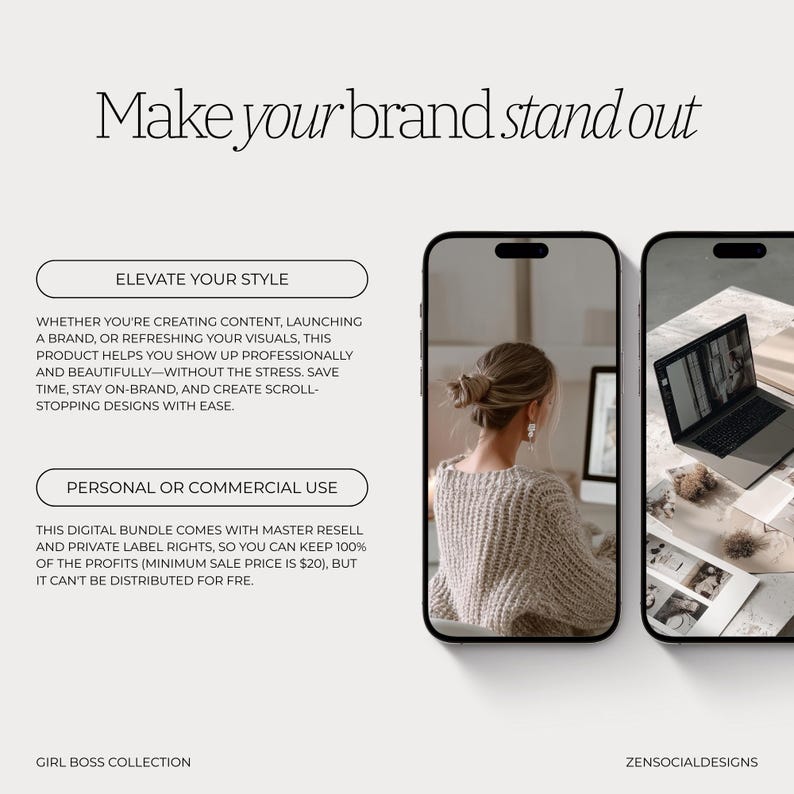 May include: A digital marketing graphic with the text "Make your brand stand out." The image includes two smartphone mockups with a woman and a laptop. Text on the image promotes content creation and brand refreshing. The Girl Boss Collection is also mentioned.