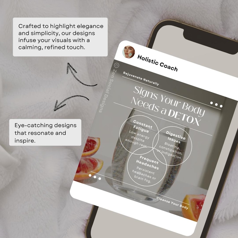 May include: A smartphone screen displaying a graphic with the text "Signs Your Body Needs a DETOX". The graphic shows three overlapping circles with the following text: "Constant Fatigue", "Digestive Issues", and "Frequent Headaches".