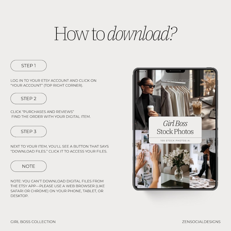 May include: An instructional graphic with the title "How to download?" and steps for downloading digital files from Etsy. A smartphone displays stock photos with the text "Girl Boss Stock Photos" and "100 Stock Photos AI".