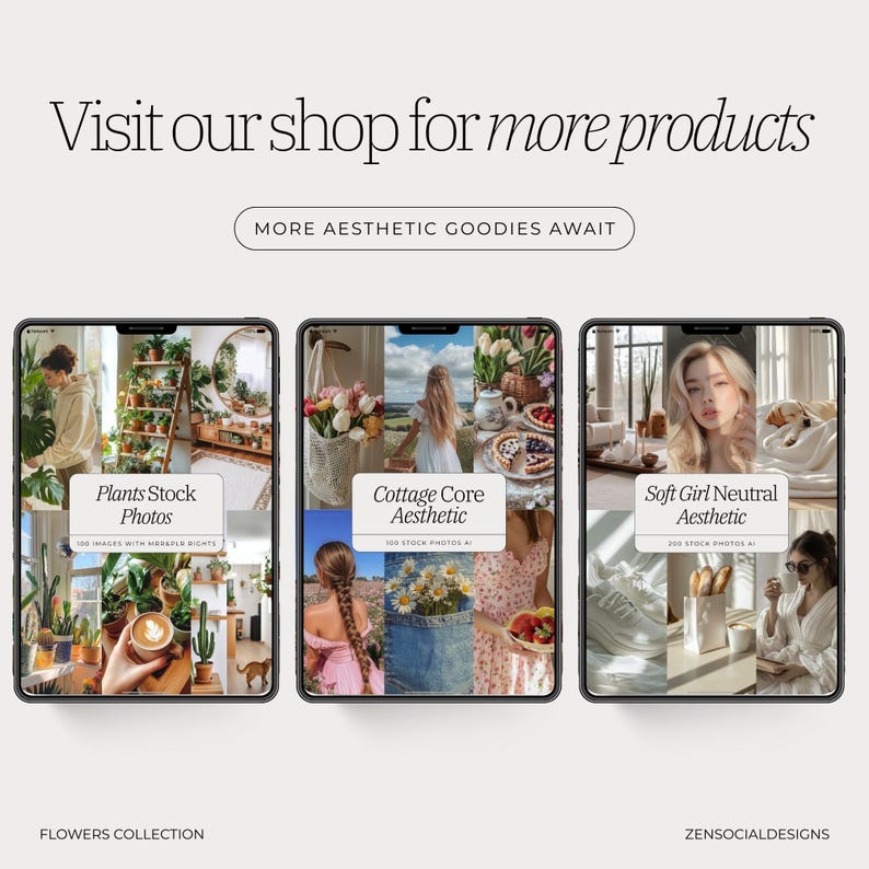 May include: Three digital mockups of phone screens showcasing different stock photo collections. The first screen shows a collage of photos with a green plant theme. The second screen shows a collage of photos with a cottagecore aesthetic. The third screen shows a collage of photos with a soft girl neutral aesthetic. The text on the screens reads "Plants Stock Photos", "Cottage Core Aesthetic", and "Soft Girl Neutral Aesthetic".