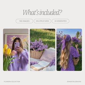 May include: A collection of 100 AI-generated images of purple flowers in various sizes. The images feature a bouquet of lilac flowers in a wicker basket, a woman wearing a purple dress with a lilac headband, and a woman wearing a purple sweater holding a phone.