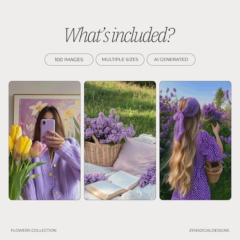 May include: A collection of 100 AI-generated images of purple flowers in various sizes. The images feature a bouquet of lilac flowers in a wicker basket, a woman wearing a purple dress with a lilac headband, and a woman wearing a purple sweater holding a phone.