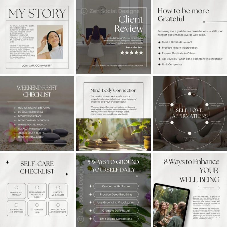 May include: A collage of nine Instagram-style squares with tips for self-care, mindfulness, and well-being. The squares feature text, illustrations, and photos. Some of the topics covered include gratitude, self-love affirmations, grounding techniques, and weekend reset checklists.