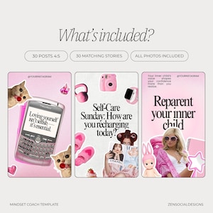 May include: Pink social media template with three layouts. The first features a phone with the text "Loving yourself isn't selfish - it's essential." The second says "Self-Care Sunday: How are you recharging today?" The third says "Reparent your inner child."