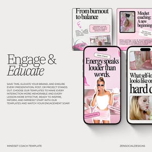 May include: A digital marketing graphic with the text "Engage & Educate" in a stylish font. The image features a phone with the text "Energy speaks louder than words" and other marketing materials in pink.