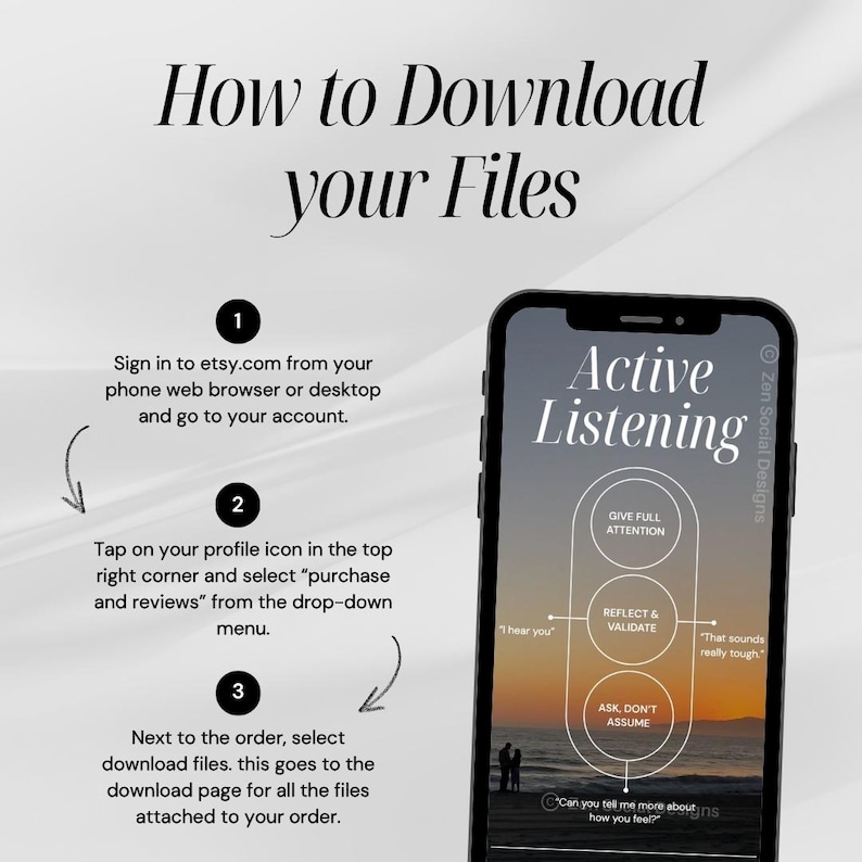 May include: A graphic illustration of active listening with the text "Active Listening" in a white box with a black outline. The graphic shows three circles with the text "Give Full Attention", "Reflect & Validate", and "Ask, Don't Assume". The background is a sunset over the ocean.