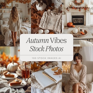 Pode incluir: Uma colagem de fotos de stock com tema de outono. As imagens incluem uma mulher de camisola, um gato numa manta, uma camisola de malha grossa, abóboras, velas, uma fatia de torta e um caderno com uma caneta. O texto diz "Autumn Vibes Stock Photos".