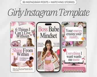 Girly Instagram Templates | 30 Posts & 30 Stories | Pink Aesthetic Canva Templates for Coaches and Content Creators