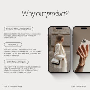 May include: A promotional image with the text "Why our product?" and descriptions of the product's features: thoughtfully designed, versatile, and original & unique. The image includes two smartphones displaying a woman in a white suit and a hand holding a phone.
