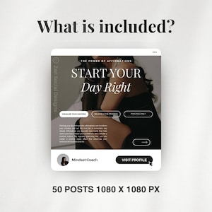 May include: A digital marketing graphic with the text "Start Your Day Right" and a woman in a black dress. The graphic is for a social media post and includes the text "Zen Social Designs" and "The Power of Affirmations".