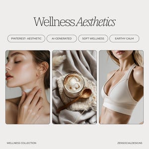 May include: Three images showcasing a wellness aesthetic. The first image shows a woman applying a cream to her neck. The second image shows a glass of iced coffee on a beige crocheted surface. The third image shows a woman wearing a white sports bra.