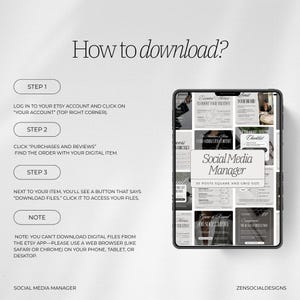 Może przedstawiać: Biało-czarna grafika z instrukcjami, jak pobrać produkt cyfrowy z Etsy. Grafika zawiera tekst "Jak pobrać?" i "Menedżer medi&oacute;w społecznościowych".