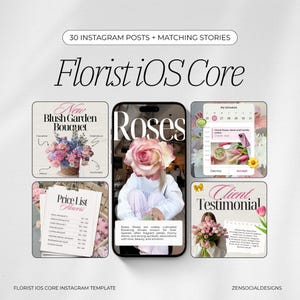 Peut inclure: Un modèle de marketing numérique pour fleuristes, présentant six maquettes de publications Instagram. La conception comprend un "Bouquet de jardin blush", une "Liste de prix des fleurs" et un exemple de "Témoignage client". L'image centrale affiche une personne avec une rose.