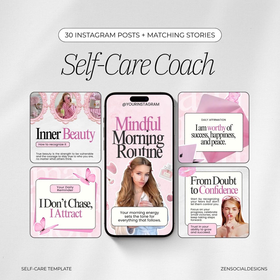 Pink Self-care Coach Instagram Templates | 30 Posts & 30 Stories ...
