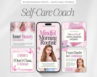Pink Self-Care Coach Instagram Templates | 30 Posts & 30 Stories | Wellness and Mindfulness Canva Templates for Coaches and Mentors