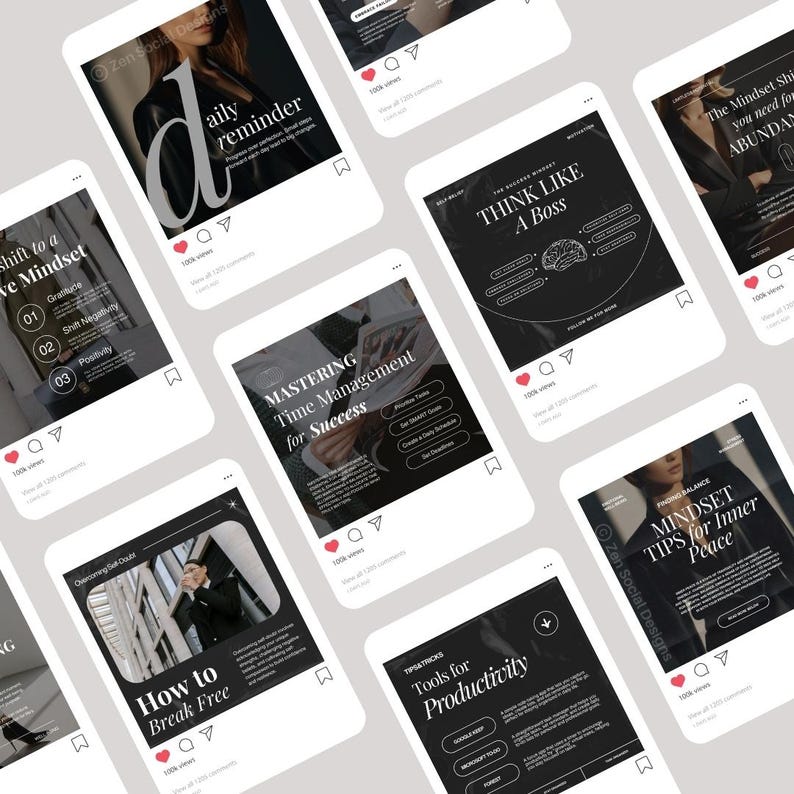 May include: Nine Instagram post designs with black backgrounds and white text. The posts feature motivational quotes and tips for personal growth, including "Shift to a Positive Mindset", "Mastering Time Management for Success", "Think Like a Boss", "Tools for Productivity", "Mindset Tips for Inner Peace", and "Daily Reminder".