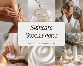 May include: A collage of skincare-related images. One shows a person applying cream to their leg, another a dropper dispensing liquid, and a third a person in a robe holding a phone. The text "Skincare Stock Photos" is displayed.