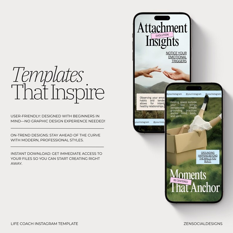 Puede incluir: Imagen de marketing digital con dos smartphones que muestran plantillas de Instagram. El tel&eacute;fono superior muestra "Attachment Insights" y el tel&eacute;fono inferior muestra "Moments That Anchor." El texto de la izquierda dice "Templates That Inspire."