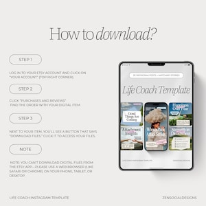 Puede incluir: Una gu&iacute;a de descarga digital titulada "&iquest;C&oacute;mo descargar?" con instrucciones para compras en Etsy. La imagen incluye una tableta que muestra una "Plantilla de Life Coach" con ejemplos de publicaciones de Instagram. La gu&iacute;a proporciona pasos para acceder a archivos digitales.