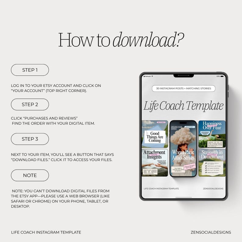 Puede incluir: Una gu&iacute;a de descarga digital titulada "&iquest;C&oacute;mo descargar?" con instrucciones para compras en Etsy. La imagen incluye una tableta que muestra una "Plantilla de Life Coach" con ejemplos de publicaciones de Instagram. La gu&iacute;a proporciona pasos para acceder a archivos digitales.