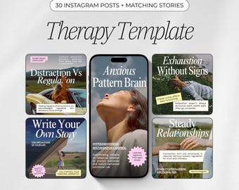 Plantillas de Instagram para terapia / 30 publicaciones y 30 historias / Plantillas para redes sociales de salud mental y asesoramiento / Kit de contenido de Canva para terapeutas