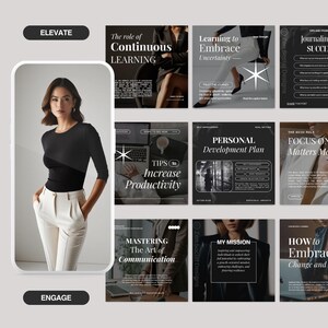 May include: A collage of nine black and white Instagram post templates with motivational quotes and tips for personal growth and development. The quotes include "The role of Continuous Learning", "Learning to Embrace Uncertainty", "Tips to Increase Productivity", "Personal Development Plan", "Mastering the Art of Communication", "My Mission", "How to Embrace Change and", "Journaling Success", and "Focus on Matters Most".