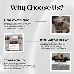 May include: A graphic design template with the text "Why Choose Us?" and three examples of designs. The first design is a minimalist daily planner with the text "07:00" and "Monday 24 January". The second design is a graphic with the text "The Art of Sound Healing" and a circle with a wave pattern. The third design is a graphic with the text "Did You Know..." and a person doing a yoga pose.