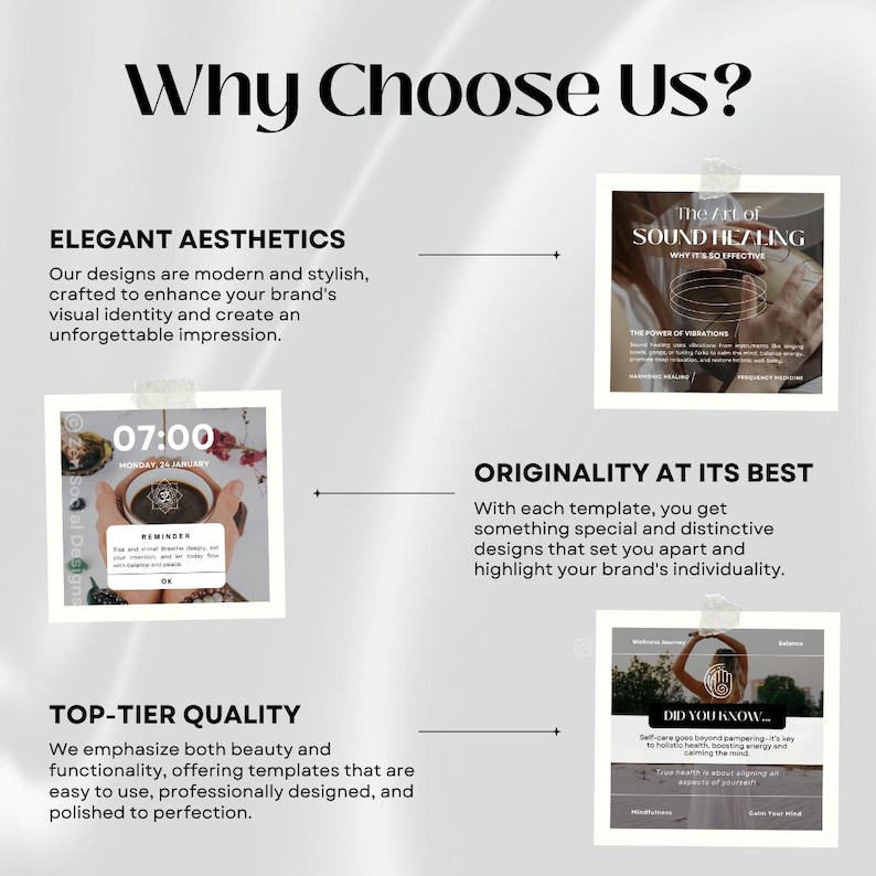 May include: A graphic design template with the text "Why Choose Us?" and three examples of designs. The first design is a minimalist daily planner with the text "07:00" and "Monday 24 January". The second design is a graphic with the text "The Art of Sound Healing" and a circle with a wave pattern. The third design is a graphic with the text "Did You Know..." and a person doing a yoga pose.