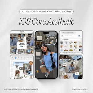 Peut inclure: Un modèle Instagram iOS Core Aesthetic avec 30 publications et des stories assorties. L'image présente un smartphone avec un selfie et plusieurs maquettes d'écran d'application, dont un "Monthly Photo Dump" et une liste de tâches. Le texte comprend "Booked and busy".