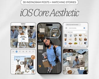 May include: An iOS Core Aesthetic Instagram template with 30 posts and matching stories. The image features a smartphone with a selfie and several app screen mockups, including a monthly photo dump and a to-do list. Text includes "Booked and busy".