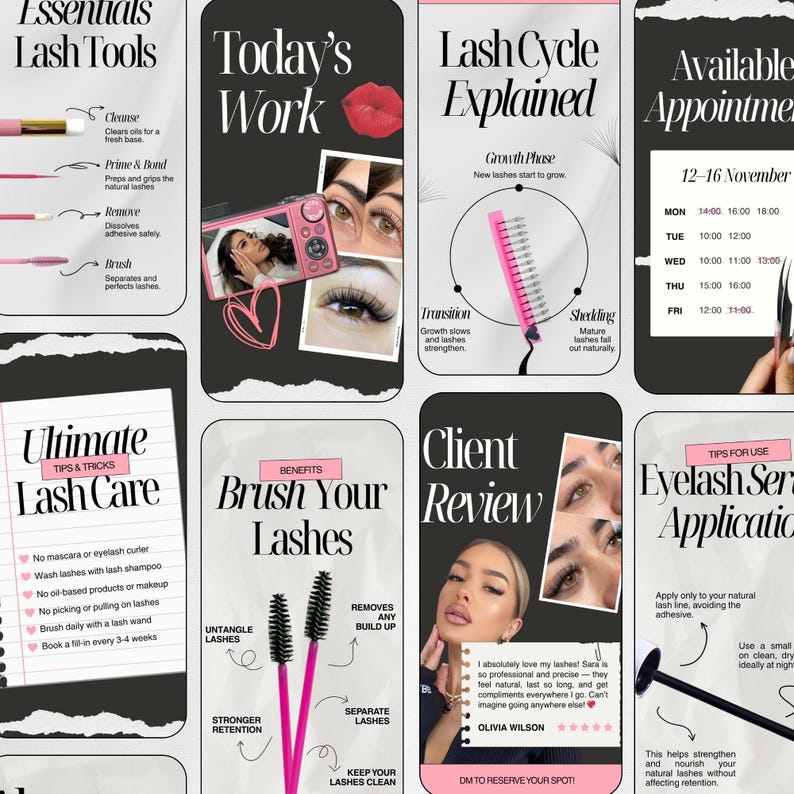 May include: A collage of beauty and lash care information. Sections include lash tools, a lash cycle explanation, appointment availability, lash care tips, brushing lashes, and a client review. The image uses a pink and black color scheme.